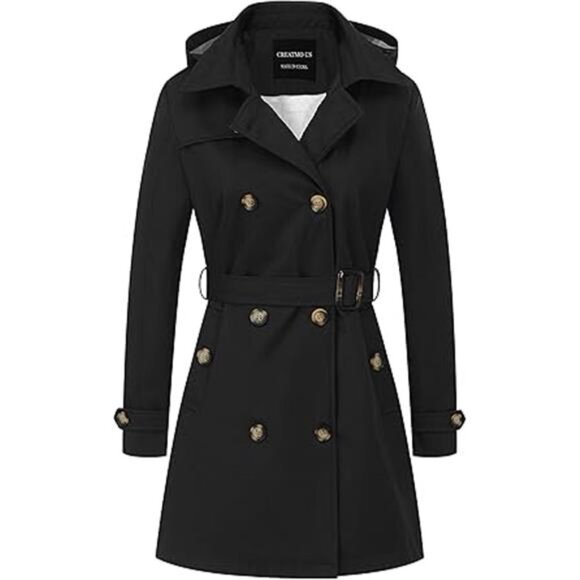 Women's Trench Coat Double-Breasted Classic Lapel Overcoat Belted - Picture 7 of 7